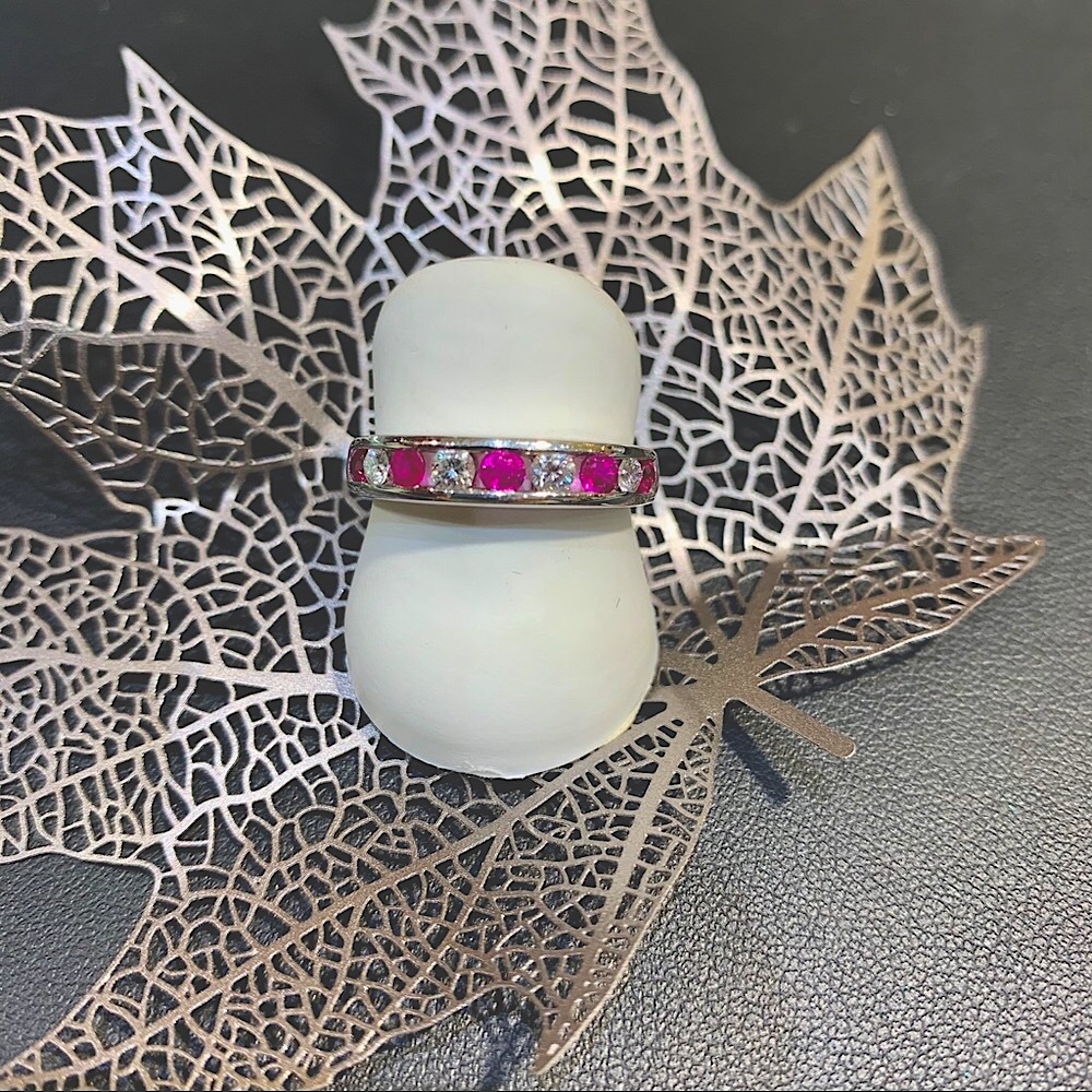 Natural 1.13Carat T.W. Ruby & Diamond 14 Karat Solid Gold Channel Band. Size 6.5